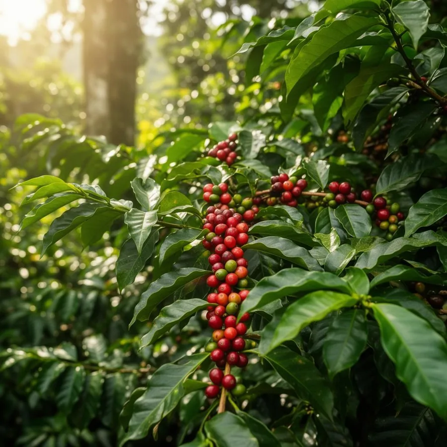Ripe red Ethiopian coffee cherries on a leafy coffee tree