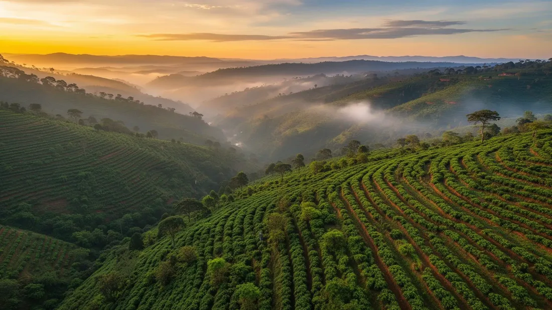 Green coffee-growing highlands in Ethiopia