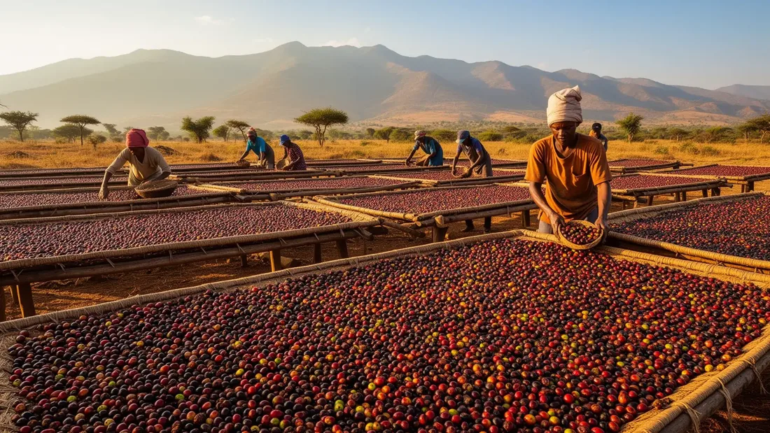 Coffee drying on raised beds during processing